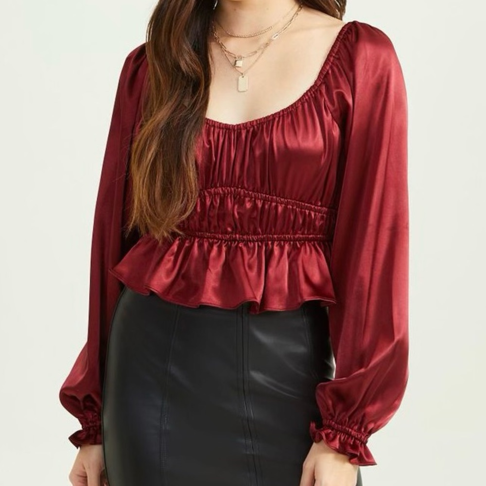 Altar'd State - Sandi Satin Long Sleeve Top in Burgundy (NWT) - Size : S